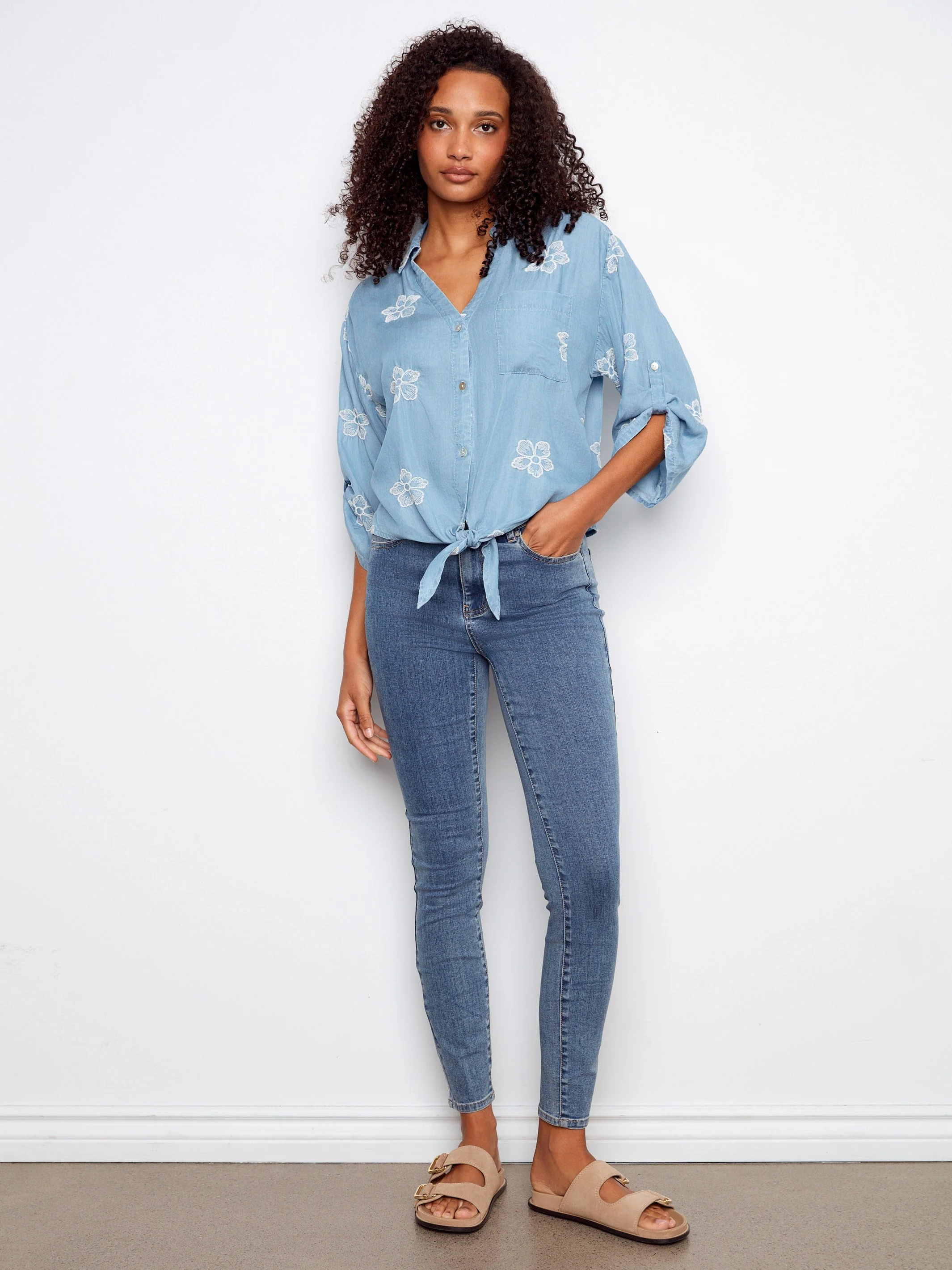 Embroidered Soft Fabric Blouse With Front Tie - Light Blue