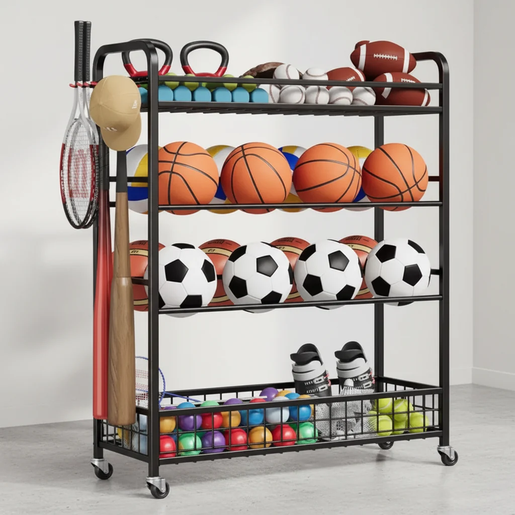 Ball Storage Rack, Rolling Sports Equipment Organizer with Wheels