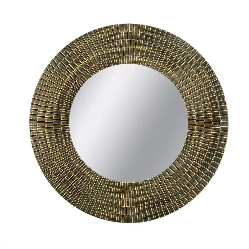 29.5 Inch Round Gold and Black Wooden Wall Mirror with Woven Texture