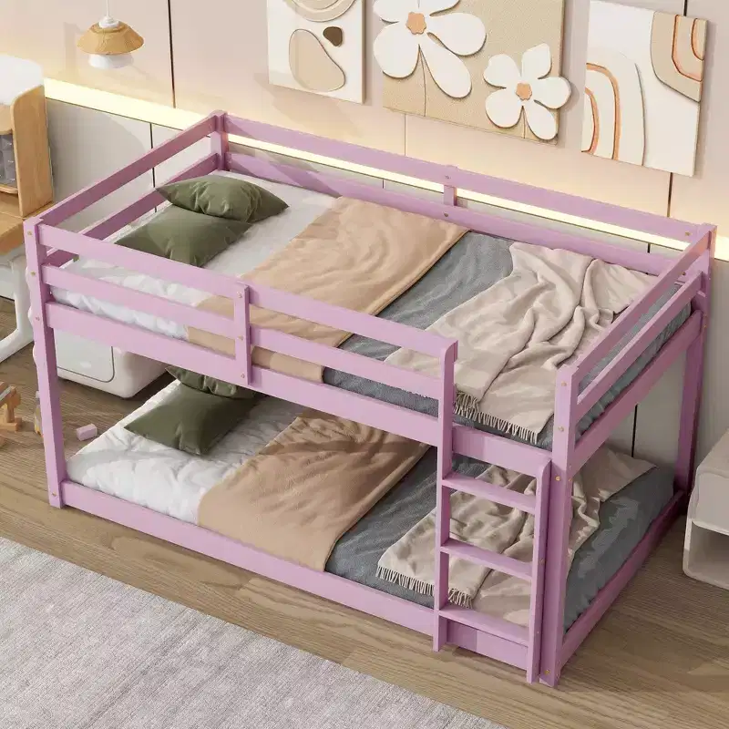 77.3IN Twin-Over-Twin Floor Bunk Bed with Ladder, Guardrail and Strengthened Slats, Bed Frame for Kids Room, Gaming Room, Pink