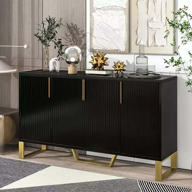 Modern sideboard with Four Doors Metal handles and Legs and Adjustable Shelves Kitchen Cabinet Black