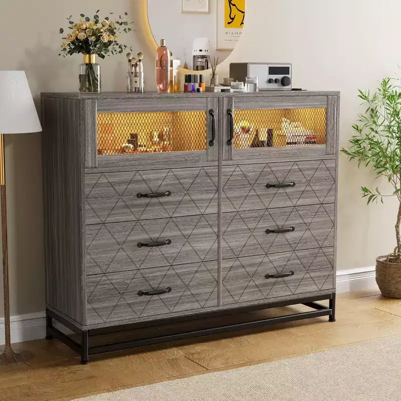 Acekool 8 Drawer Dresser with Cabinet for Bedroom, Tall Storage Chest with Charging Station, Storage Organizer for Living Room, Hallway, Closet