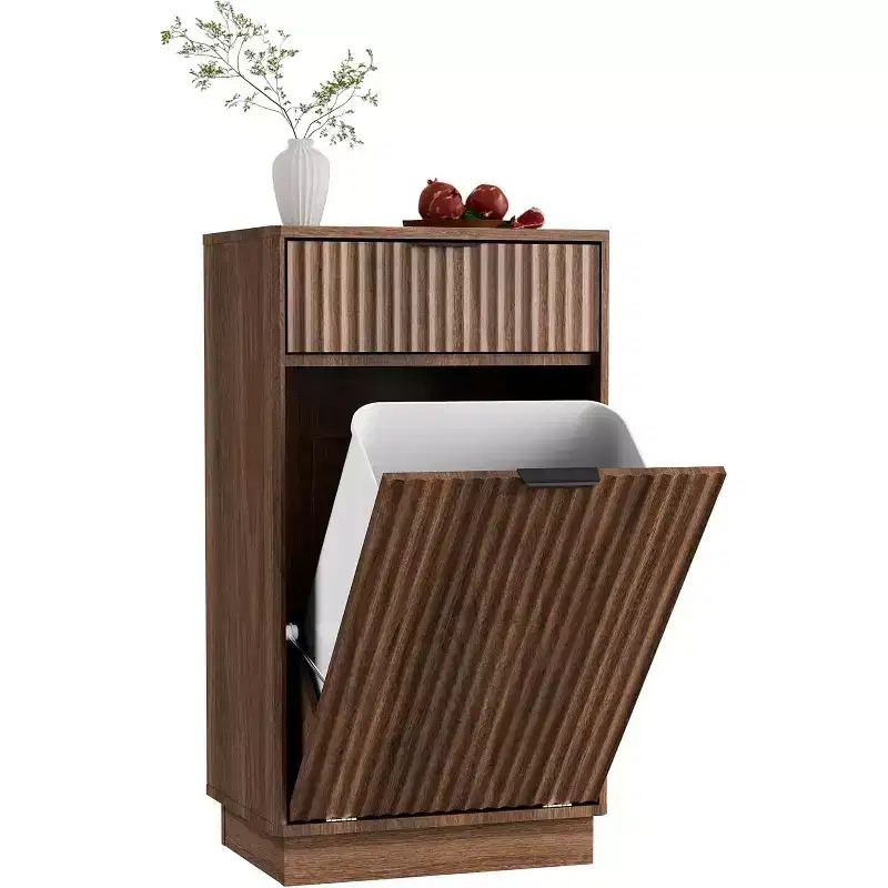 MooxvMoo 10-Gallon Tilt-Out Trash Can Cabinet w/ Wave Textured Drawer, Wooden Hideaway Recycling & Storage Organizer, Walnut