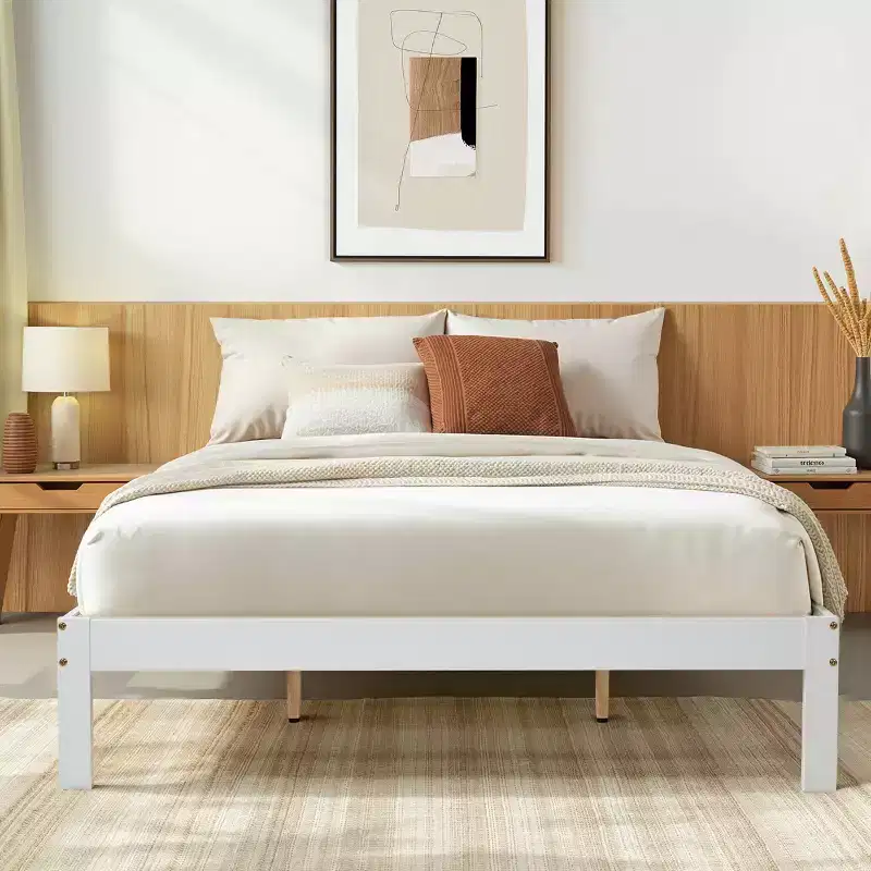 Solid Wood Platform Bed Frame with Wooden Slat Support, White