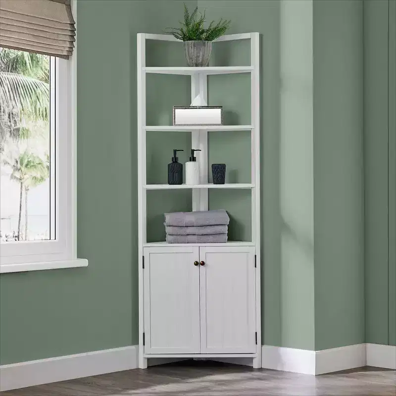 Corner Storage Cabinet with Two Doors and Open Shelving White
