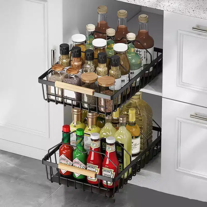 Black Carbon Steel Under-Cabinet Pull-Out Organizer Racks, No-Drill Spice Bottle Storage Shelves for Kitchen