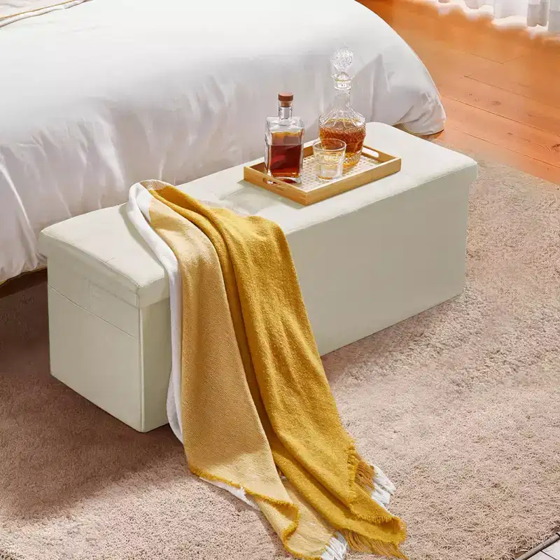 Foldable Storage Ottoman Bench, End of Bed Bench with Side Bags, Folding Upholstered Storage Chest Supports 660 lbs, Linen Bed Ottoman, Beige