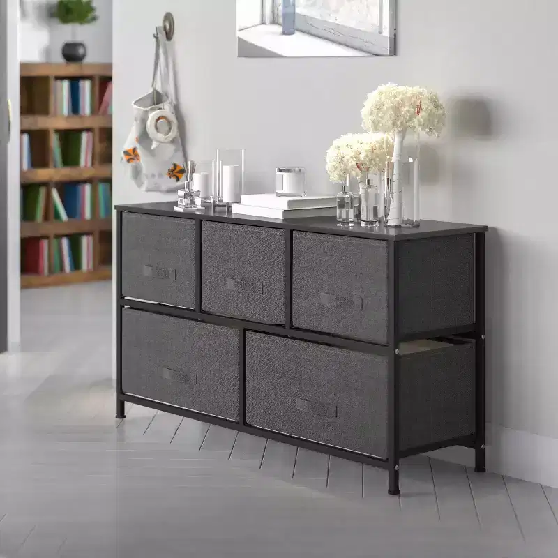 5-Drawer Storage Chest with Wood Top and Dark Fabric Pull Drawers