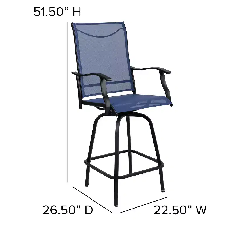 Merrick Lane Set of 2 Brett High Back Bar Height Swivel Patio Stools with Powder Coated Metal Frames and Textilene Upholstery
