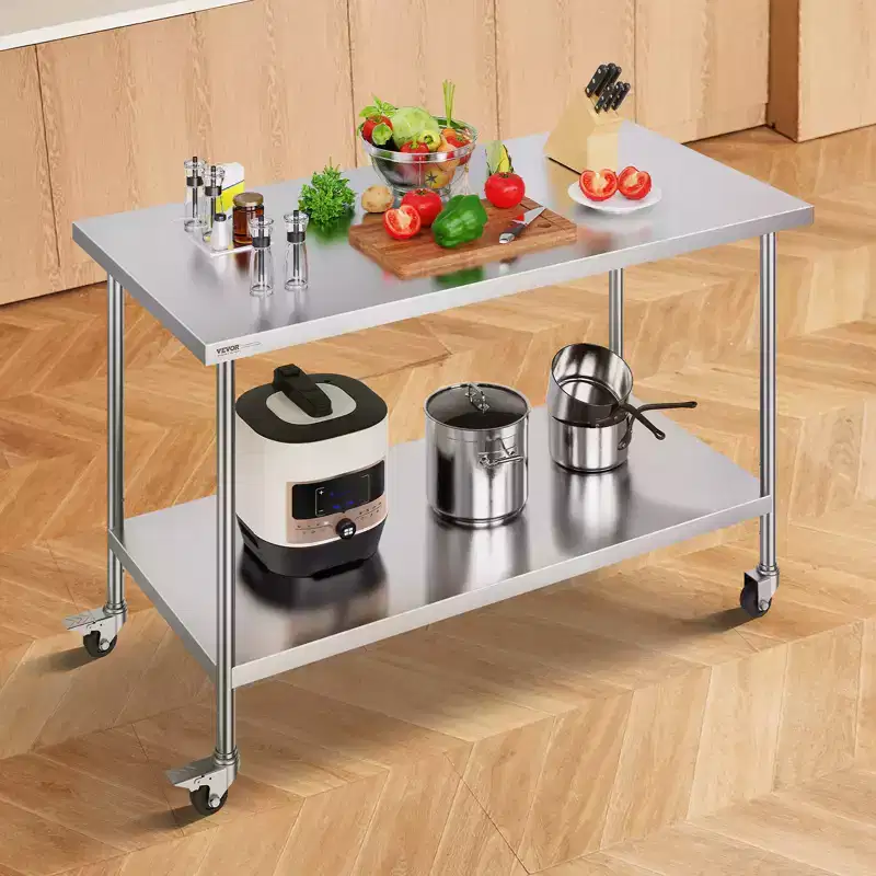 Stainless Steel Work Table 30x60 Inch – 4 Wheels, 3 Adjustable Heights, NSF