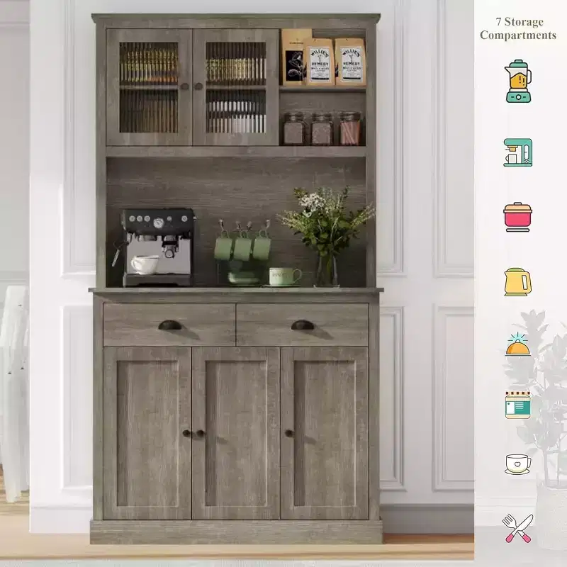 TROPOW Farmhouse Kitchen Pantry with Drawers & Adjustable Shelves, 71 Inch Tall Freestanding Pantry Storage Cabinet, Coffee Bar Hutch Cabinet