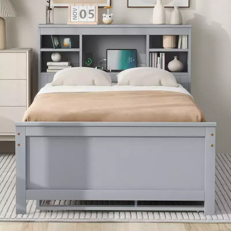 GDF Studio Banks Platform Bed with Storage Headboard, USB, Twin Size Trundle and 3 Drawers
