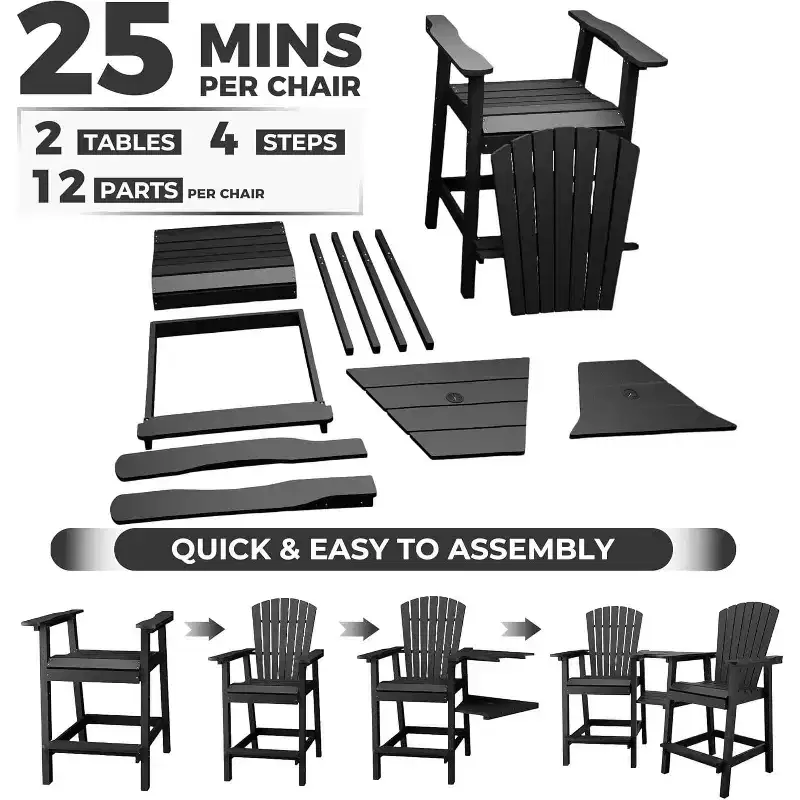 Outdoor Bar Height Adirondack Chairs with Connected Tray, Balcony Chairs, for Deck, Backyard, Outdoor Weather Resistant 2 Piece Set