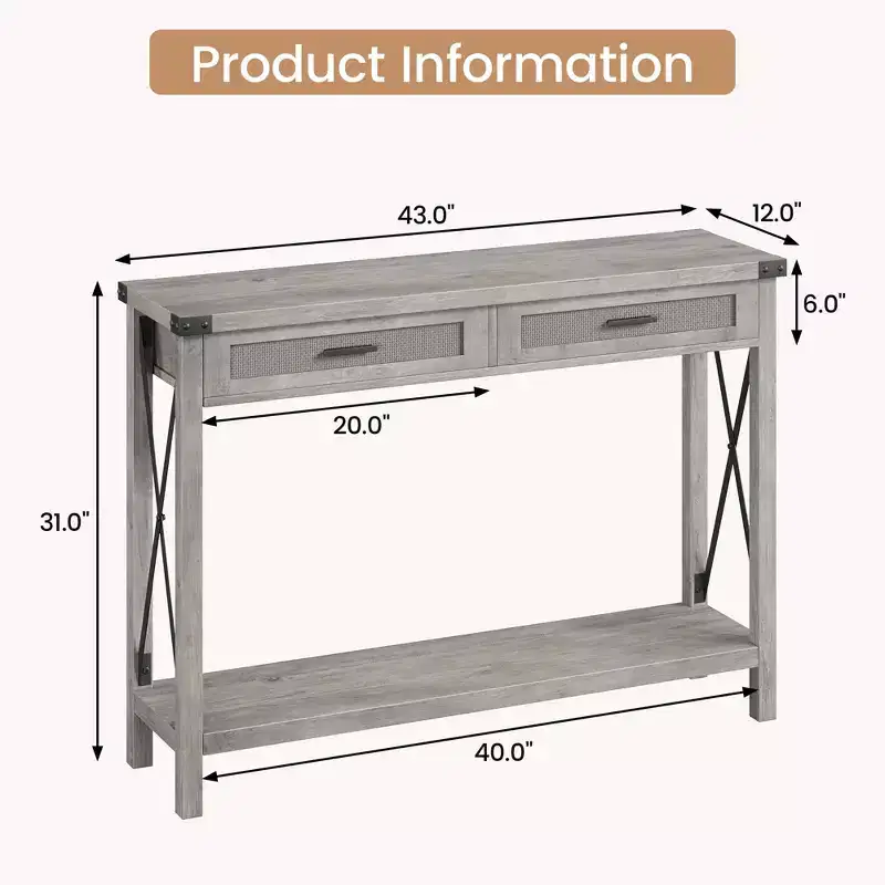 Farmhouse Entryway Table, Grey Console Table with Rattan Drawers, 43 Sofa Table with Storage, Console Tables for Entryway, Living Room, Hallway