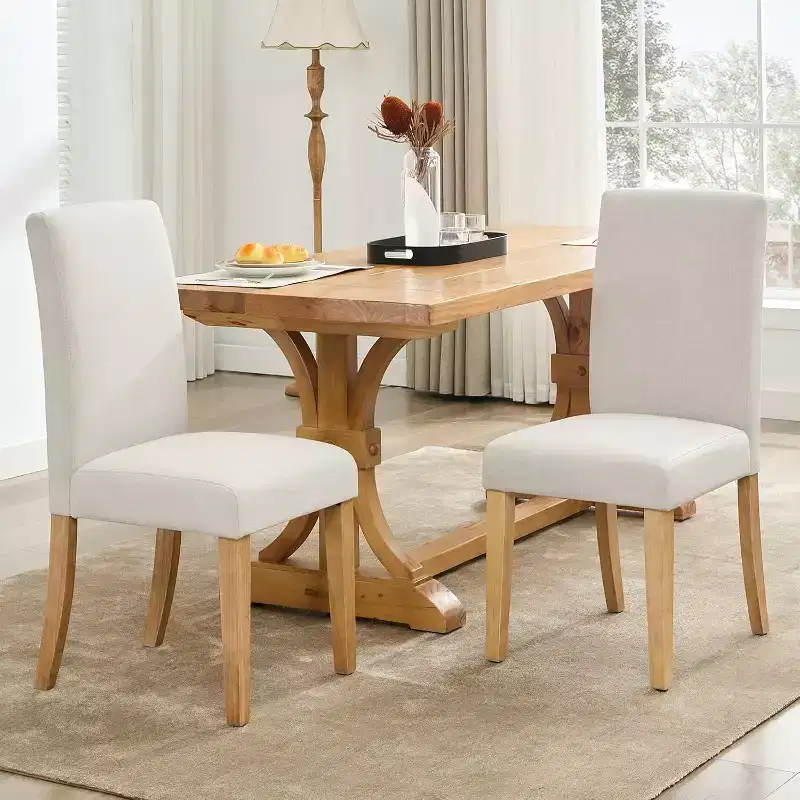 Modern Fabric Upholstered Dining Chairs Set of 2,Ergonomic Curved Back, Heavy Duty Wood Legs, 265lbs Capacity for Dining Room, Kitchen & Home Office