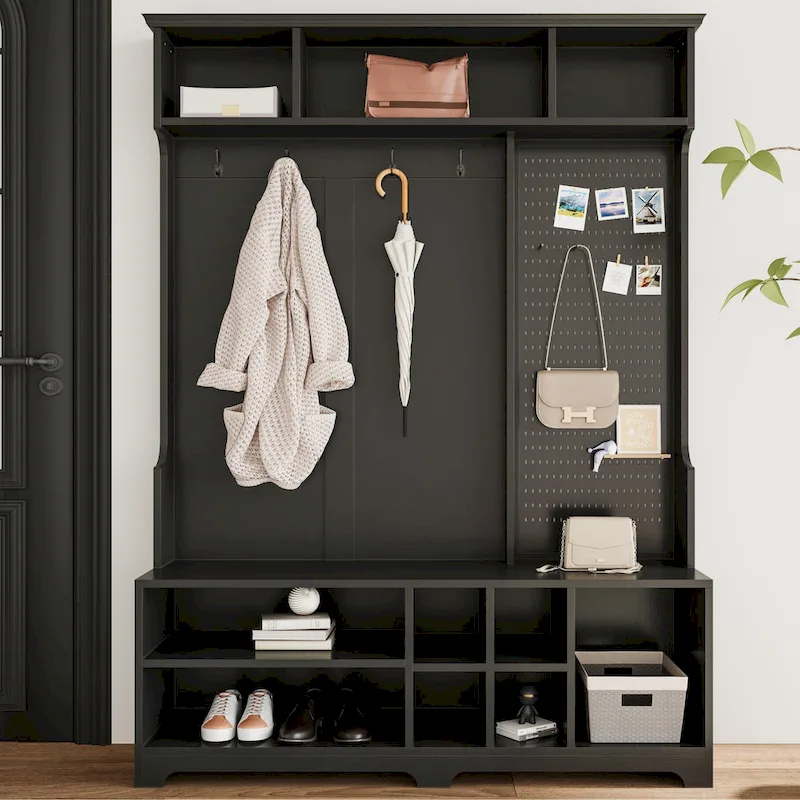 5-in-1 Entryway Hall Tree with Shoe Bench, Coat Rack, Pegboard & Storage Cabinets, MDF 57.5x15x77