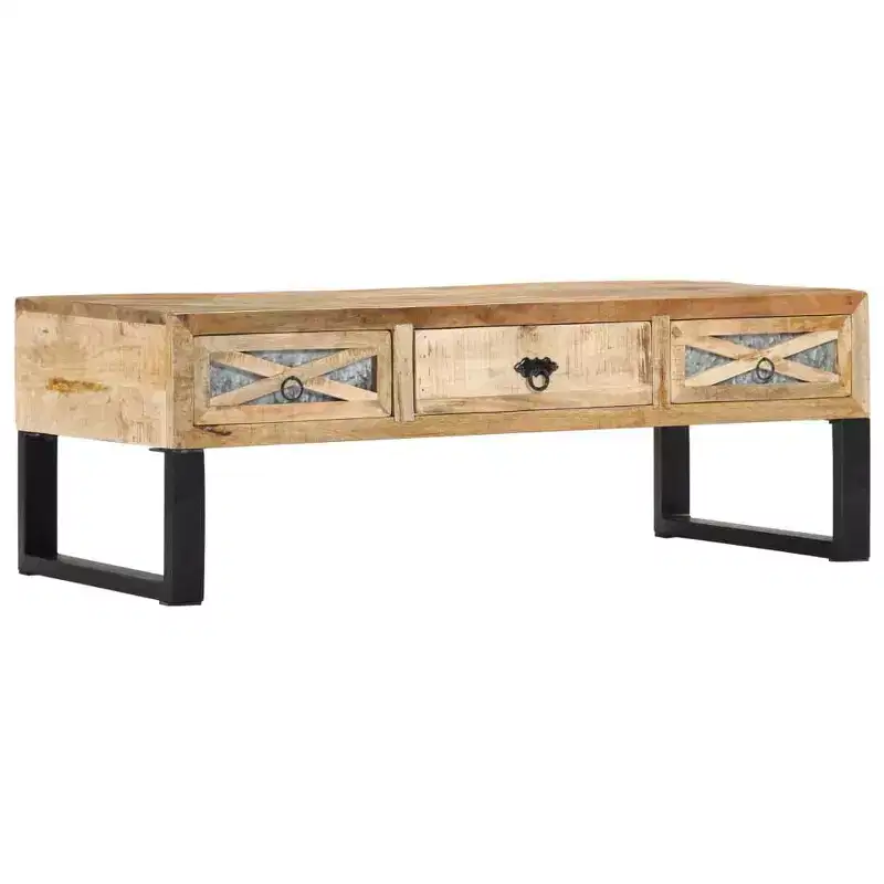 vidaXL Solid Mango Wood Coffee Table with Steel Legs - Rustic, Industrial Style, Rectangular with Storage Drawers, Natural Brown