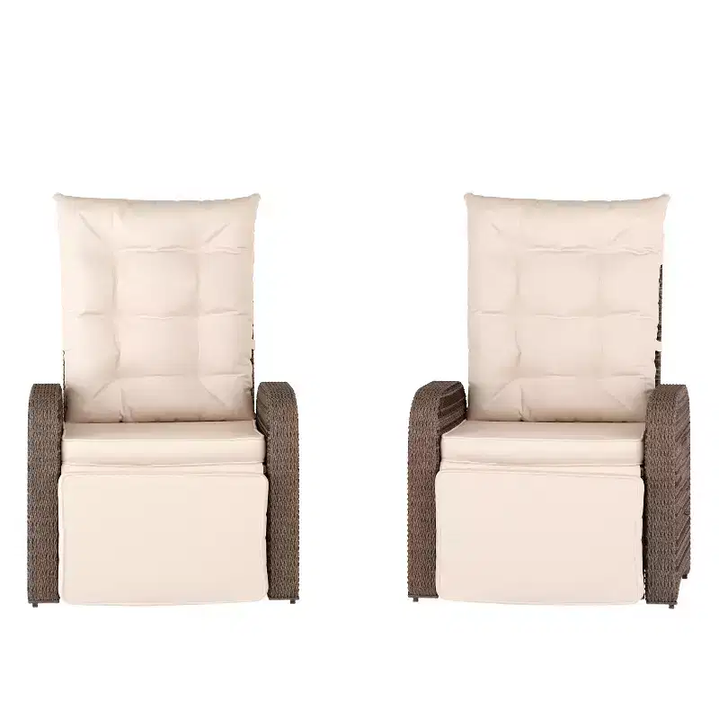 Merrick Lane Set of 2 Modern Style Patio Wicker Rattan Indoor/Outdoor Recliner Lounge Chairs with Side Tables and Adjustable Backs