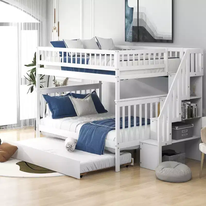 Whisen Wood Bunk Bed with Trundle and Storage Staircase