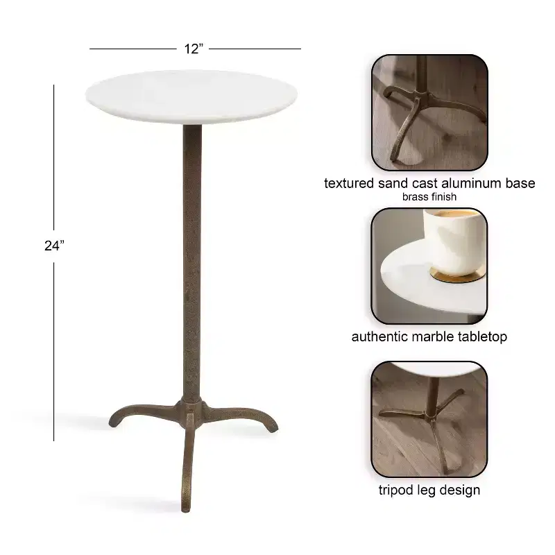 Marble and Metal Round Side Table, White and Bronze, 12x12x24