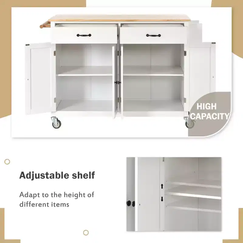 Whisen Modern Wood Kitchen Island with Spice Rack and Drawers