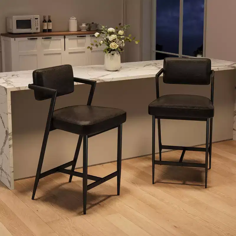 Counter Height Bar Stools Set of 2, Upholstered Kitchen Counter Stools with Footrest & Metal Legs, Faux Leather Bar Chair for Kitchen Island