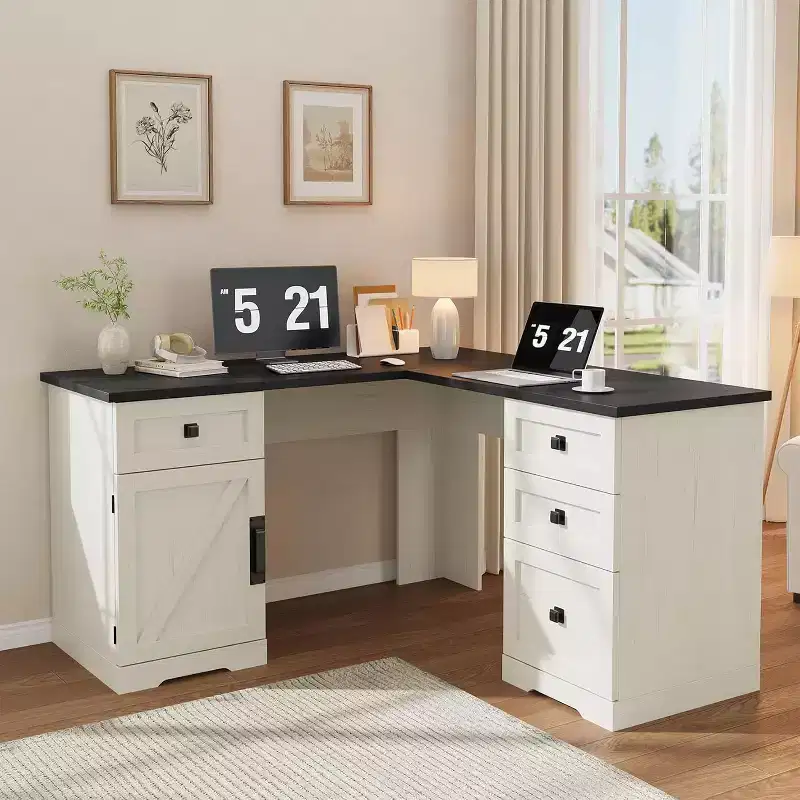 White L-Shaped Executive Desk, Farmhouse Home Office Corner Computer Desk with File Drawers & Storage Cabinet
