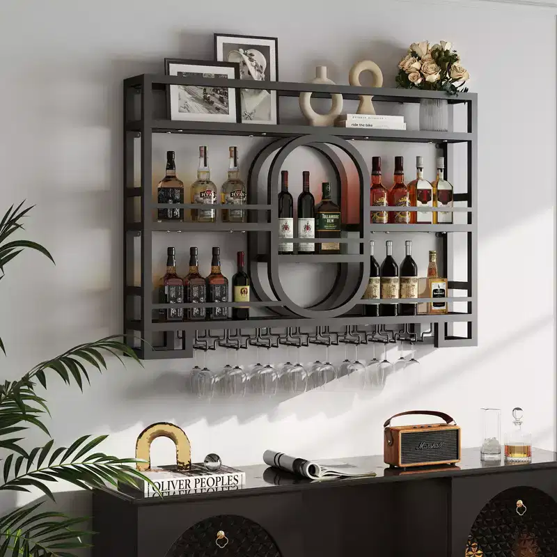 Wall Mounted Wine Rack, Metal Floating Bar Shelves with Wine Glass Holder, 39
