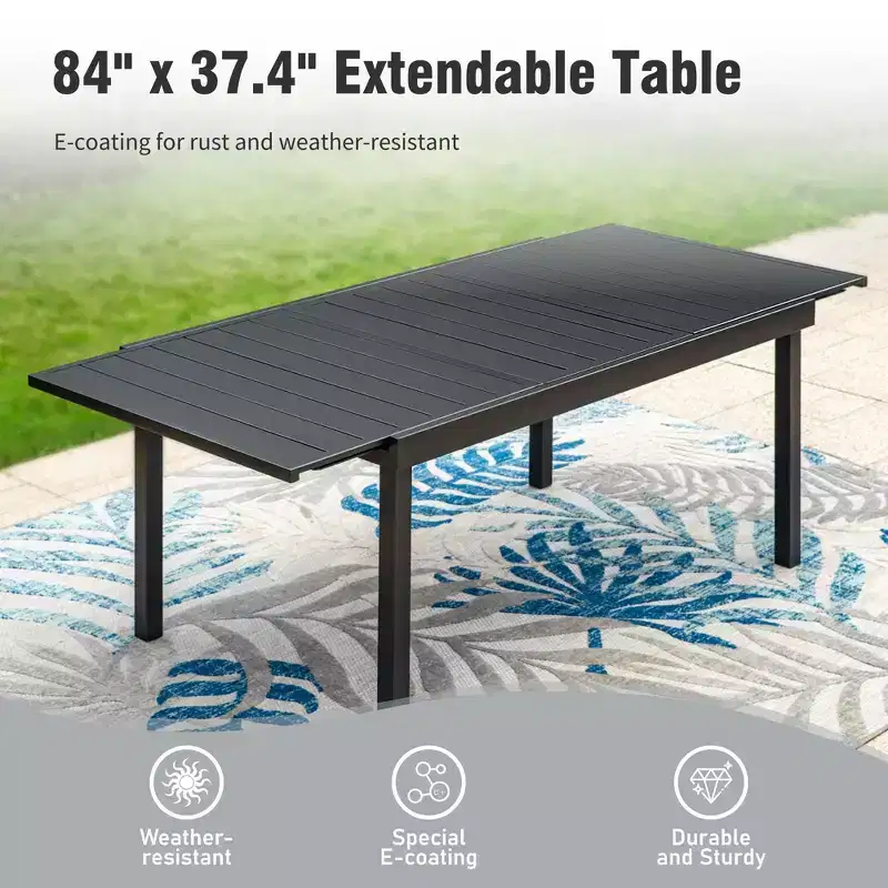 Captiva Designs 9pc Patio Dining Set with Slat-top Adjustable Steel Rectangle Table & Stylish Metal Arm Chairs