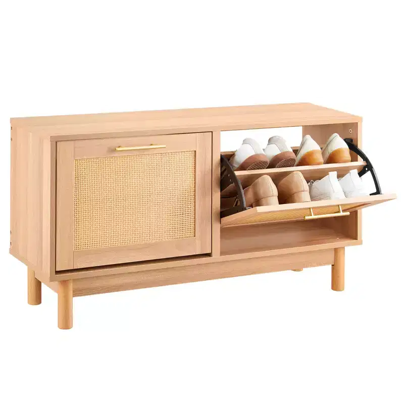 Entryway Shoe Bench, 39.4 x 11.8 x 20.9 Inch Rattan-Like Shoes Bench with 2 Flip Drawers, 300lbs Shoe Storage Rack with 4 Compartments, Brown