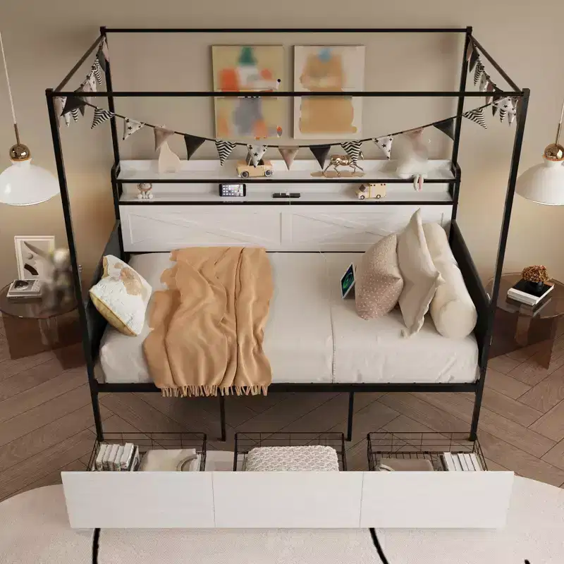 Twin Size Daybed with Trundle, Metal Bed Frame with Charging Station, Platform Bed Frame for Living Room Guest Room, Metal Slats Support, Black