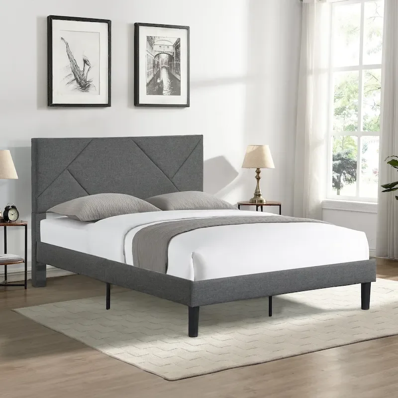 Grey Queen Size Upholstered Platform Bed with Wood Slat Support, 1-Person