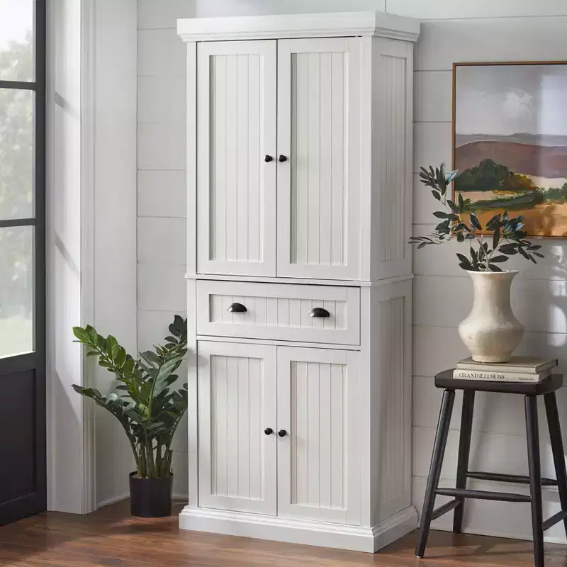 Tall White Kitchen Cabinet with Adjustable Shelves for Pantry Storage