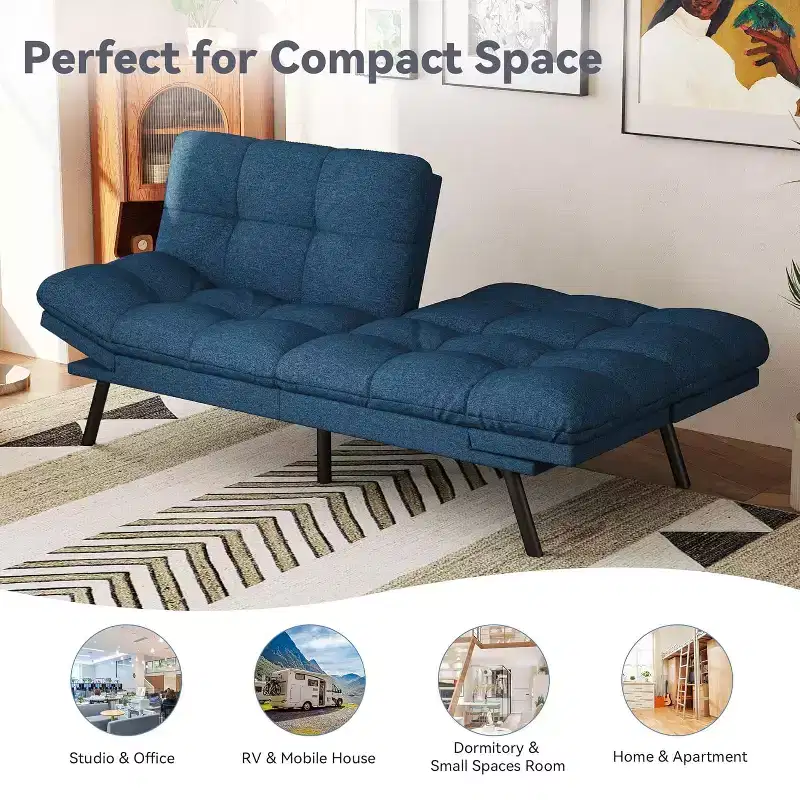 71 Futon Sofa Bed, Cozy Convertible Loveseat Sleeper, Linen Fabric Couch with Adjustable Back & Arms for Living Room, Guest Room - Light Gray