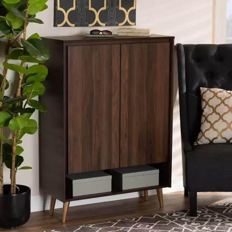 Mid-Century Modern 2-Door Shoe Storage Cabinet in Walnut Brown & Gold