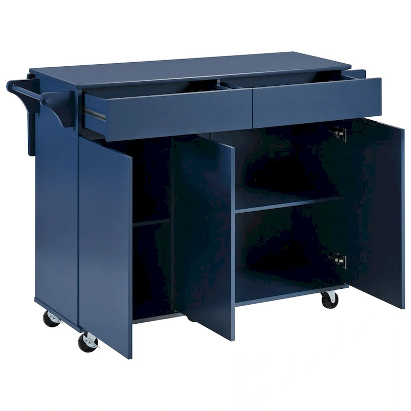 53.2in Rolling Kitchen Island with Drop Leaf with Spice Rack 2 Drawers