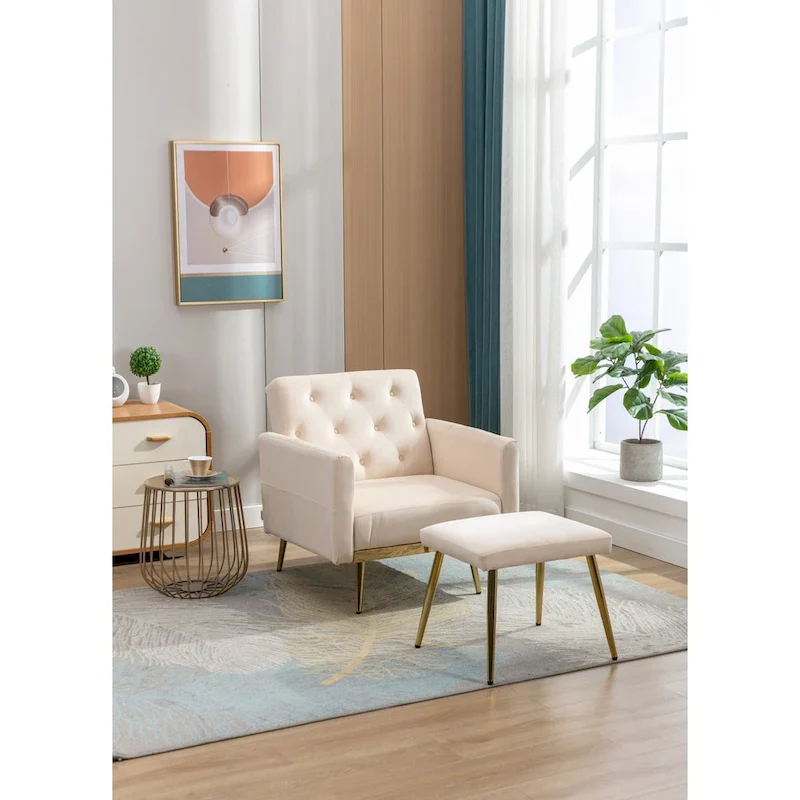 HOMEFUN Velvet Tufted Adjustable Armrests and Backrest Armchair with Ottoman
