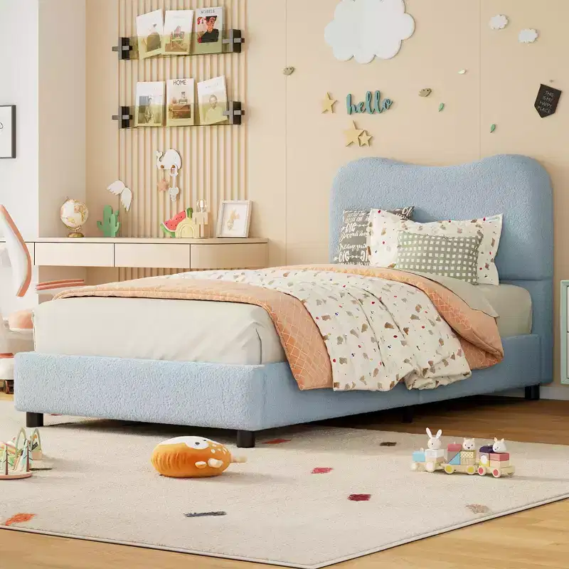 Upholstered Boucle Fabric Bed Frame with Headboard – No Box Spring Needed