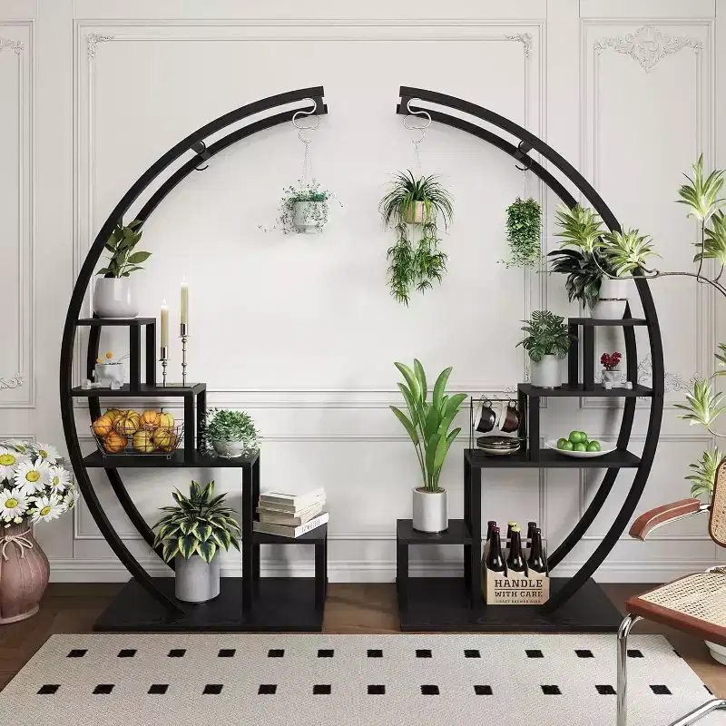 5-Tier Round Plant Stand, Half Moon Shape Indoor Metal Plant Holder, Flower Shelf Rack With 4 Hanging Hooks for Home Balcony Living Room Garden Decor