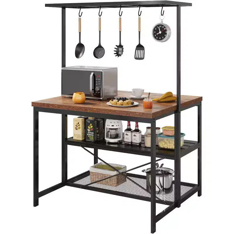 Kitchen Island with Power Outlets, Mobile Bakers Rack with 3 Shelves & Hooks