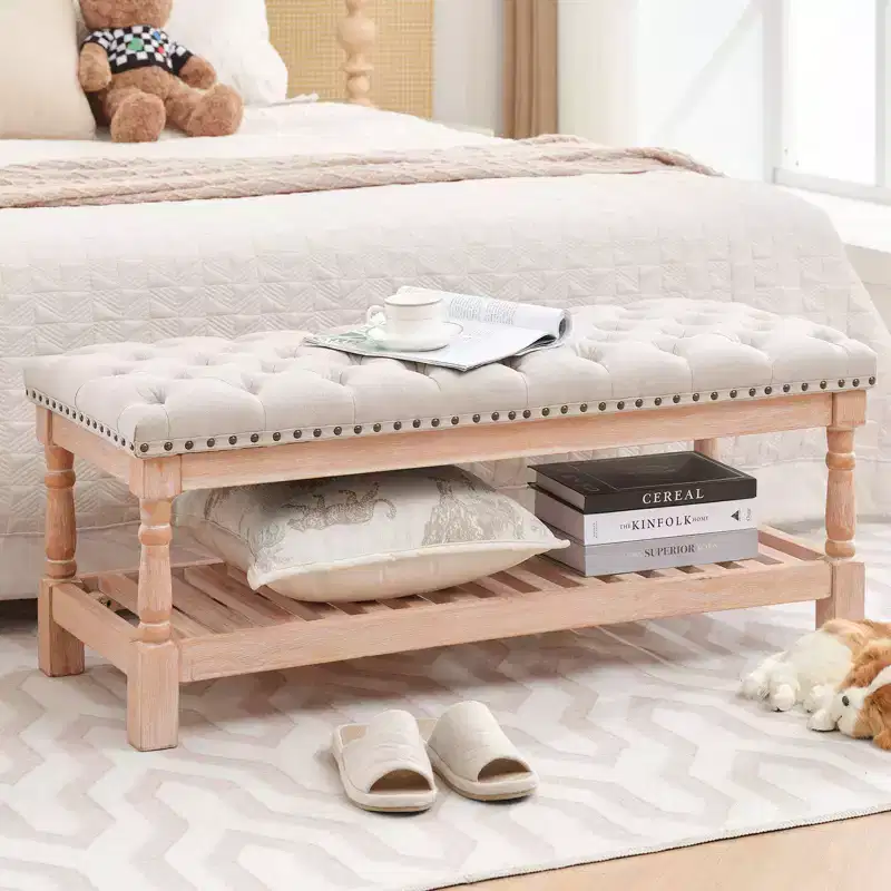 44. 3-inch Corduroy Oversized Storage Solid Wood Comfort Bedside Bench for Bedroom, Living Room and Nursing Room
