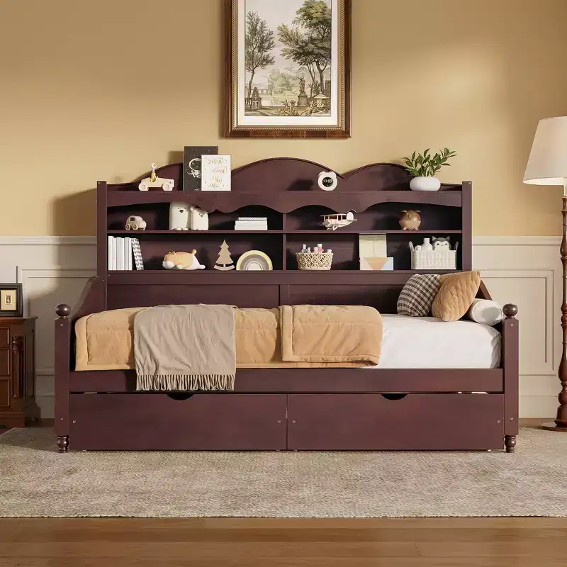 Twin Daybed with Storage Drawers and Headboard Shelves, Wooden Day Bed Frame, Espresso