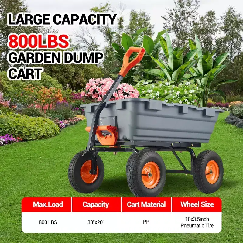 Heavy Duty Yard Cart - 800Lbs Capacity 4-Wheel Wheelbarrow w/10in All-Terrain Tires, 180 Rotating Handle (Gray)