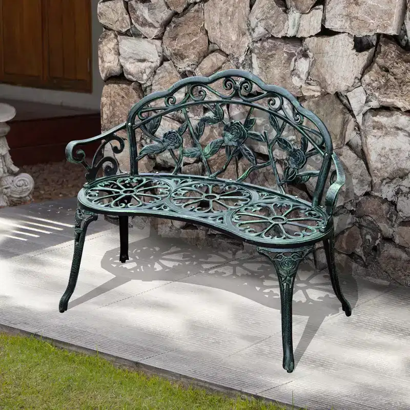 Outsunny Outdoor Bench, Cast Aluminum Outdoor Furniture, Metal Bench with Floral Rose Accent & Antique Finish, Green