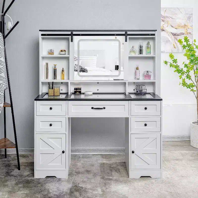 Home Imports Emporium Vanity Desk with Adjustable Sliding Mirror and Lights in White