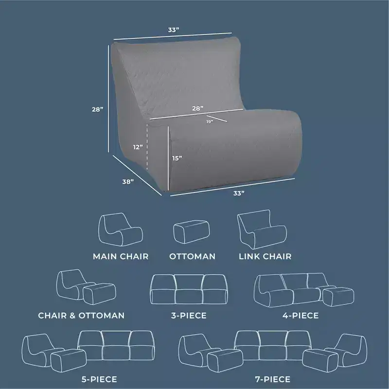 Big Joe Solvana Outdoor Patio Furniture Set, Weather-Resistant Cool Touch Silicone Stitched Leather, Link Chair, Moonlit Gray