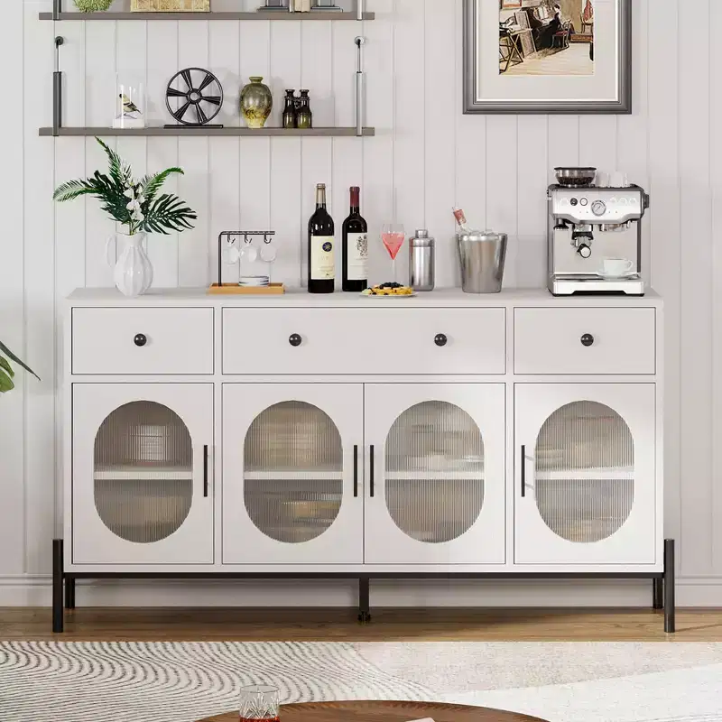 62 Inch Large Sideboard Buffet Cabinet with Storage and 3 Drawers, Coffee Bar Storage Cabinet with 4 Glass Doors for Dining Room,Living Room, Kitchen