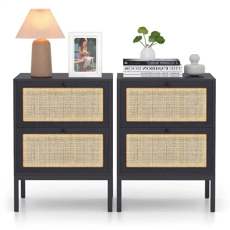 Boho Natural Rattan Nightstand with Drawer of 2
