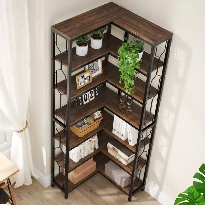 78.7-Inch 7-Tier Corner Shelf, Tall Industrial Bookcase with Storage for Living Room, Bedroom, Home Office, Brown