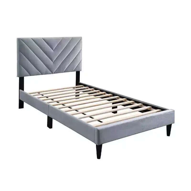 Royal Hampton Twin Size Bed, Tufted Gray Velvet Upholstery, Chevron Stitch